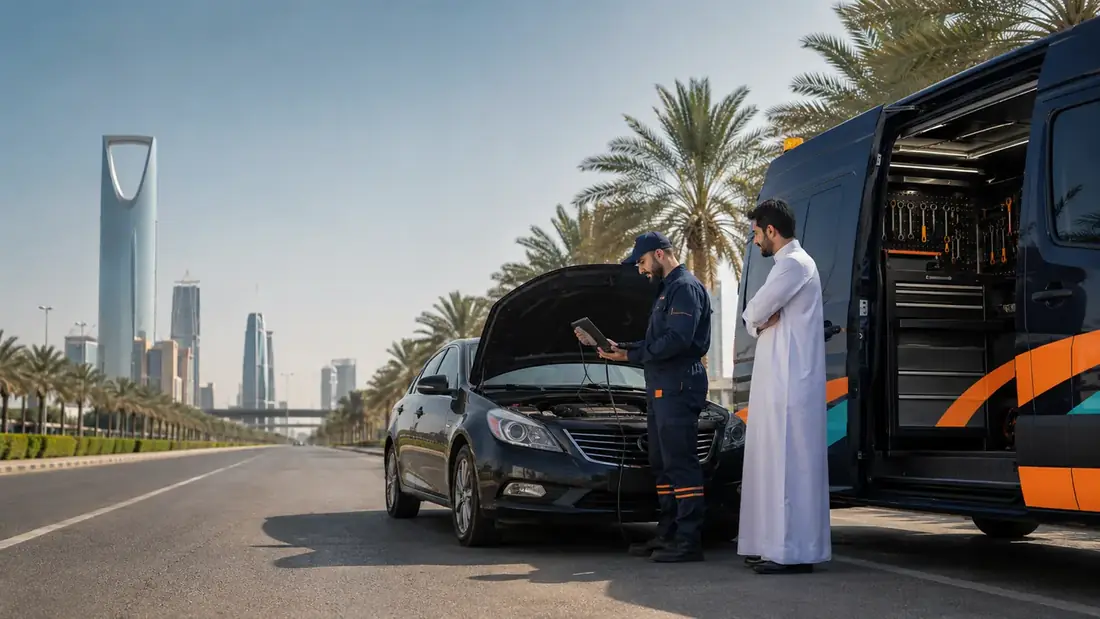 فحص وتشخيص سيارة متنقل في الرياض بجهاز كمبيوتر