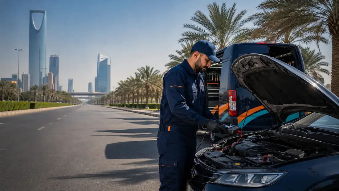 كهربائي سيارات متنقل في الرياض يفحص البطارية والدينمو والسلف
